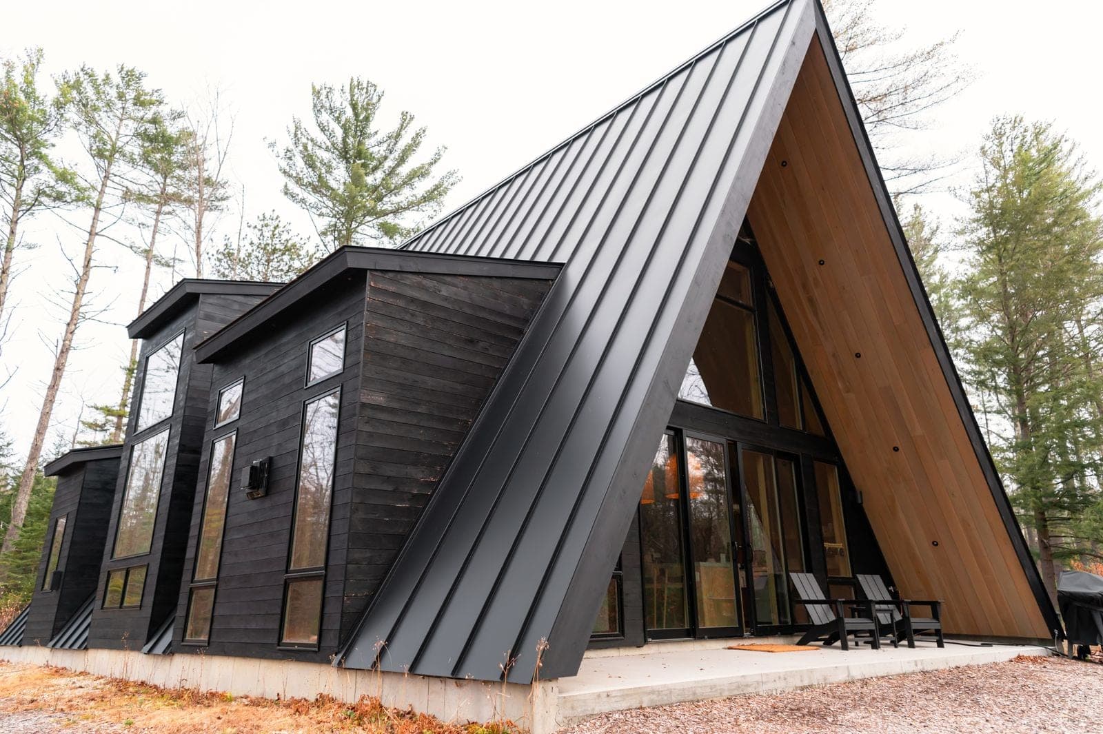 Black standing seam metal A-frame house among pine trees